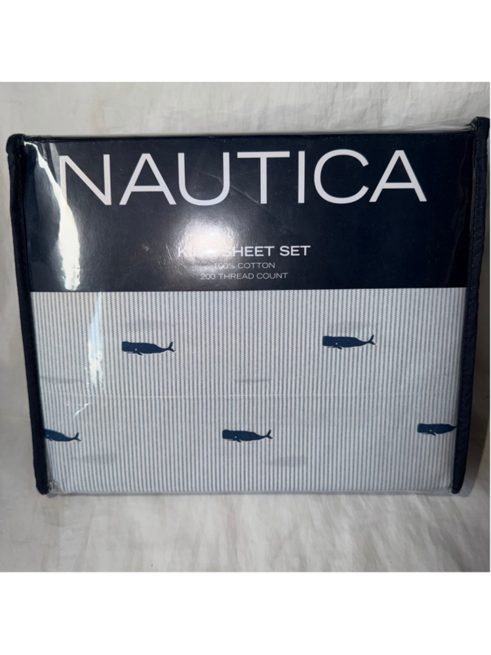 NIP Nautica 100% Cotton 200 Thread King Size Bed Sheet Set Nautical Whale Stripe